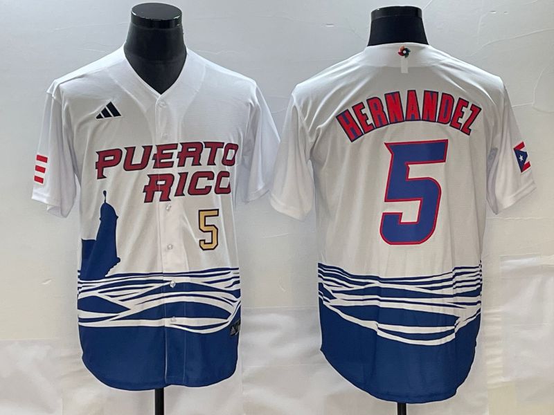 Men 2023 World Cub Puerto Rico 5 Hernandez White Nike MLB Jersey2